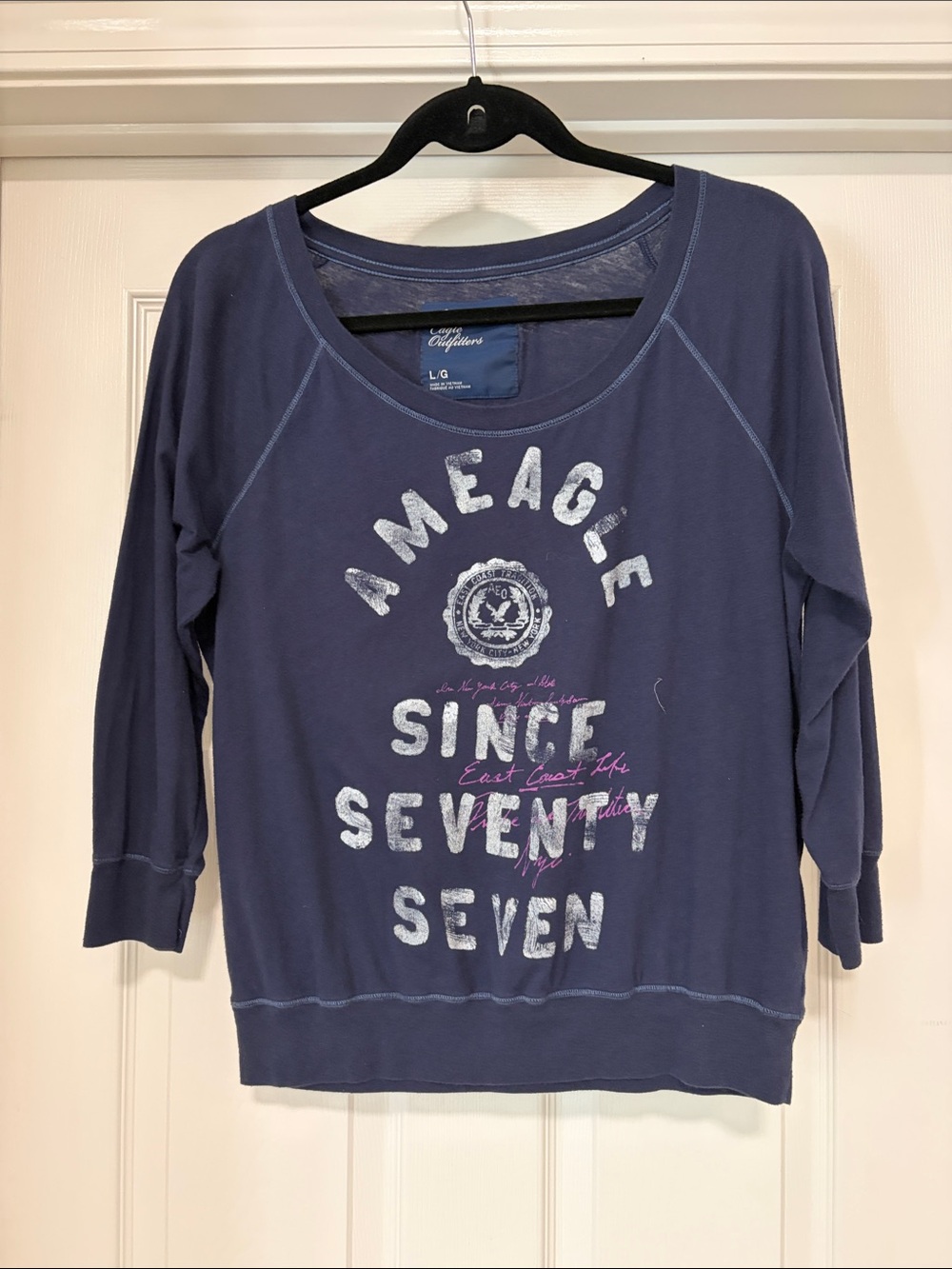 American Eagle Outfitters Navy Long Sleeve Graphic Pullover with Pink Script